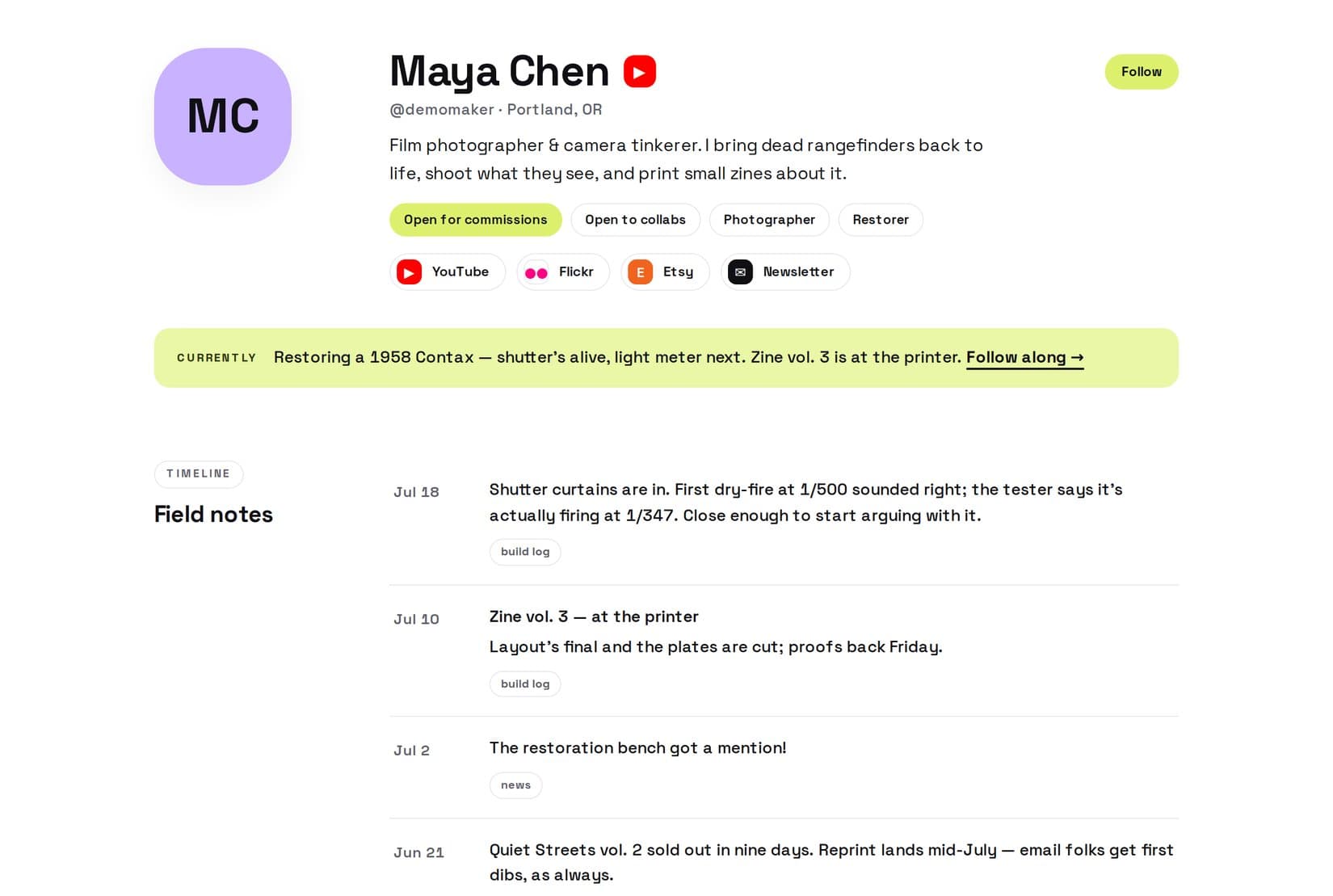 A real MakerID page showing the maker statement, the Currently line and a timeline of updates