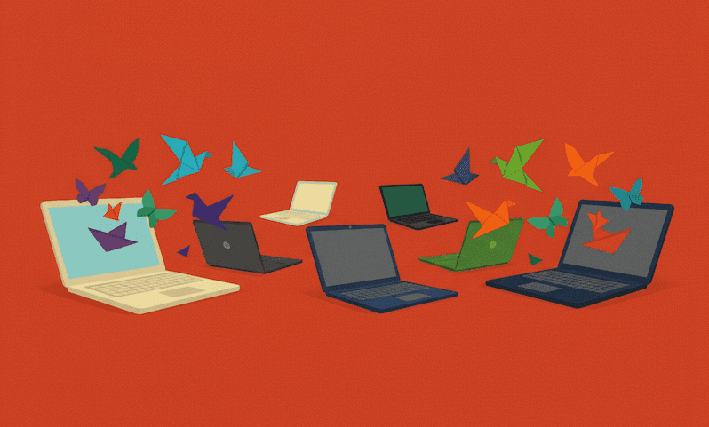 Flat illustration of laptops releasing colorful origami birds on an orange background