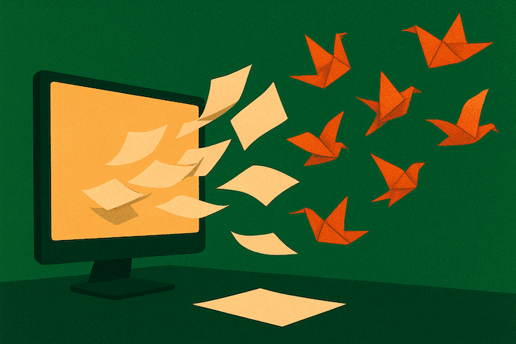 Illustration of a monitor releasing pages that fold into origami birds