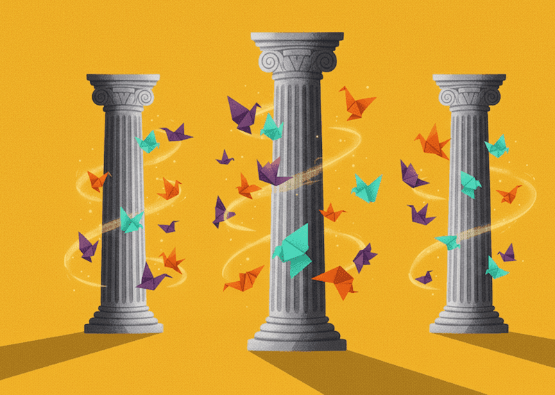 Illustration of three pillars surrounded by colorful origami birds
